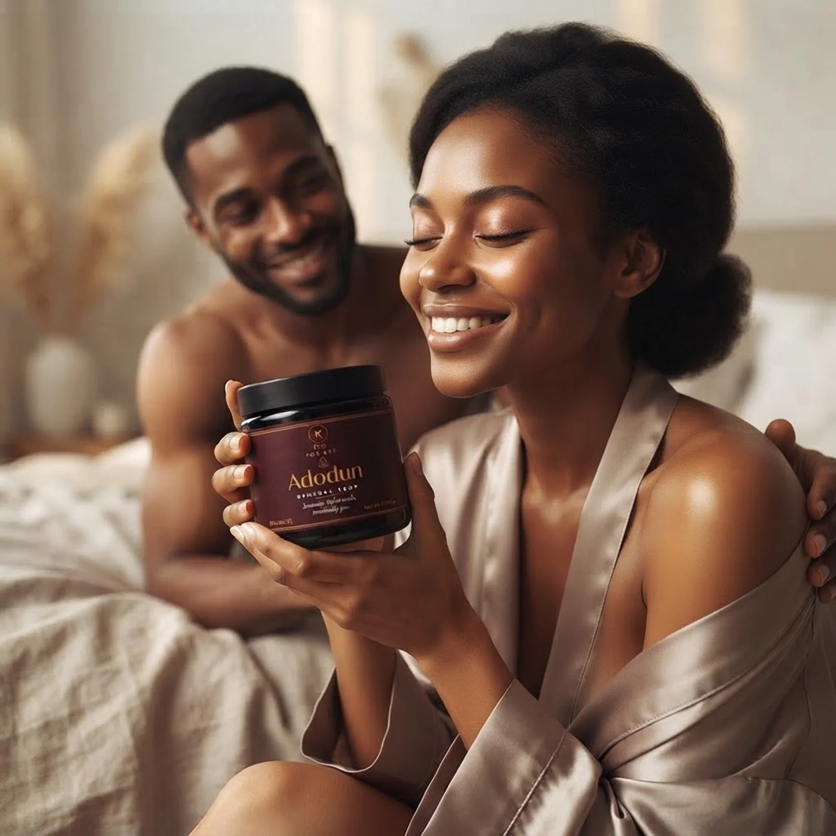 A smiling woman in a satin robe holding a jar of Adodun, her partner beside her
